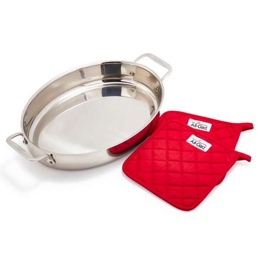 Classical All-Clad D3 Stainless Steel Oval Roaster With Pot Holders | * Online